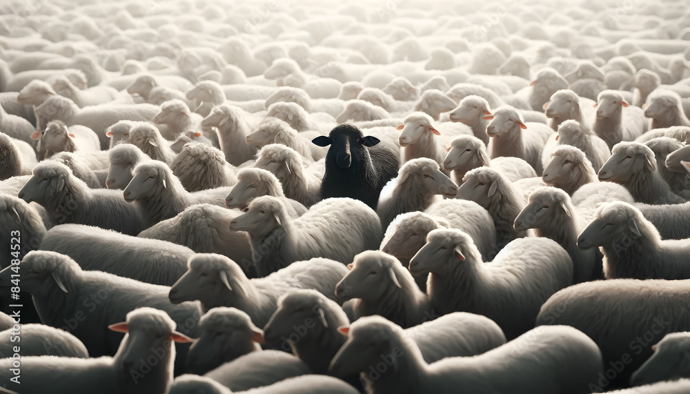 a flock of white sheep with one black sheep standing out in the center. The white sheep surround the black sheep, creating a strong visual contrast. a flock of white sheep with one black sheep standing out in the center. The white sheep surround the black sheep, creating a strong visual contrast.