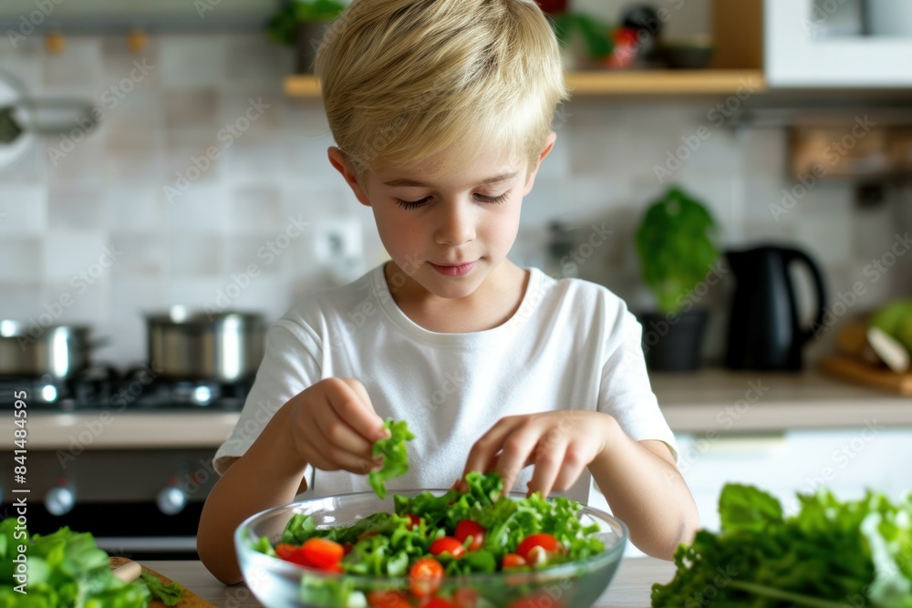 Focused child is engaged in making a healthy salad at home, highlighting healthy eating habits Focused child is engaged in making a healthy salad at home, highlighting healthy eating habits