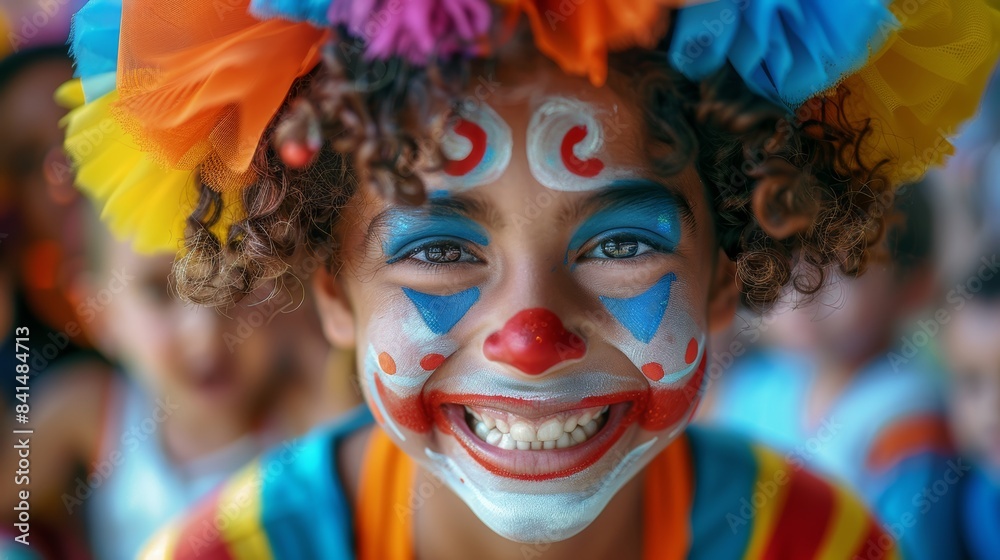Portrait of kind clown in park amusing kids, kids are around of clown, children on background Portrait of kind clown in park amusing kids, kids are around of clown, children on background