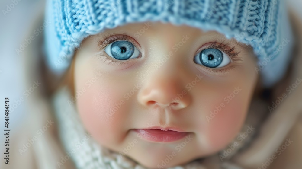 Cute baby face close-up, innocent smile, big eyes, with light blue hat, super cute, real skin texture Cute baby face close-up, innocent smile, big eyes, with light blue hat, super cute, real skin texture