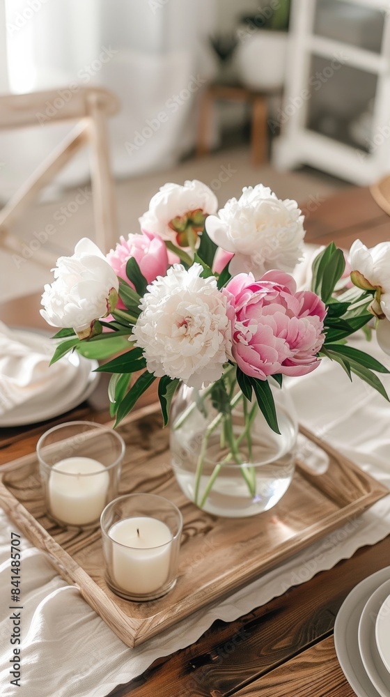 A wooden tray, a glass vase, white and pink peony flowers, a candle, a wooden dining table A wooden tray, a glass vase, white and pink peony flowers, a candle, a wooden dining table