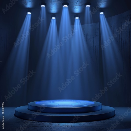  a dark blue enviroment with a pad for a winner on which all spotlights point, stage for winners, dark background bright stage photo