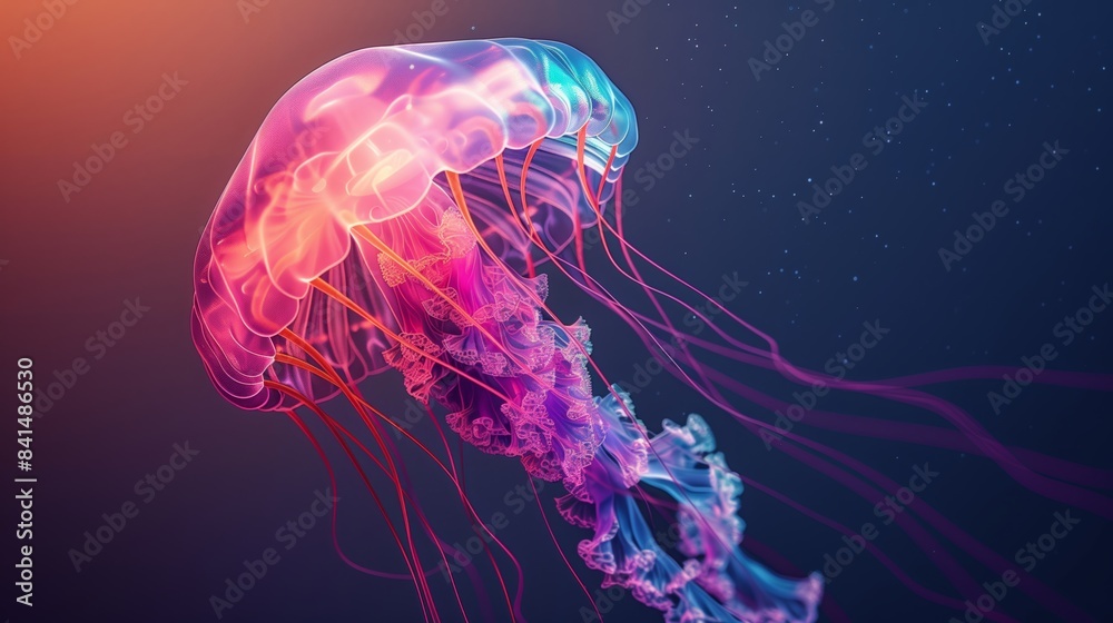 Fototapeta premium Colorful Jellyfish Floating Gracefully In Ocean Depths With Glowing Tentacles And Transparent Bell, Beautiful Marine Sea Life