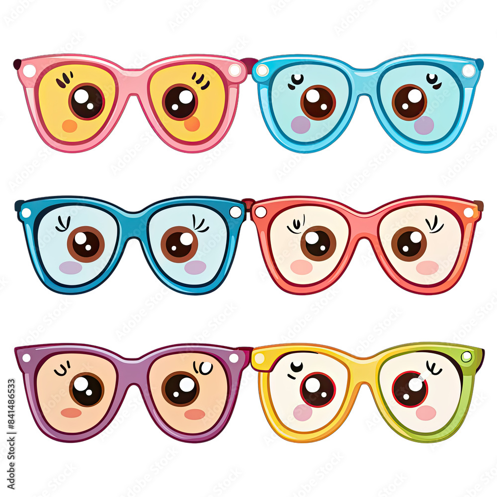 A set of six cartoon spectacles with big eyes, each in a different color, isolated on a white background. Generative AI A set of six cartoon spectacles with big eyes, each in a different color, isolated on a white background. Generative AI