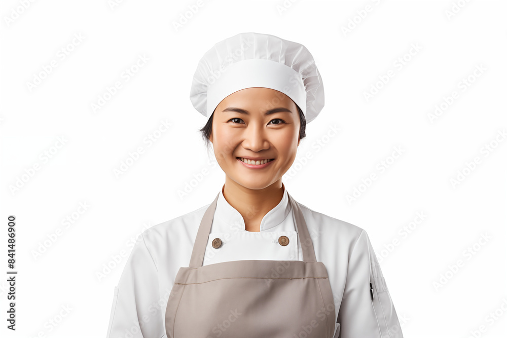 Smiling asian pastry chef on white background. Smiling asian baker. Bakery professions. Bakery job offer. Asian pastry maker. Asia. Image for graphic designer. Image for flyers. Asian baker. China. Smiling asian pastry chef on white background. Smiling asian baker. Bakery professions. Bakery job offer. Asian pastry maker. Asia. Image for graphic designer. Image for flyers. Asian baker. China.