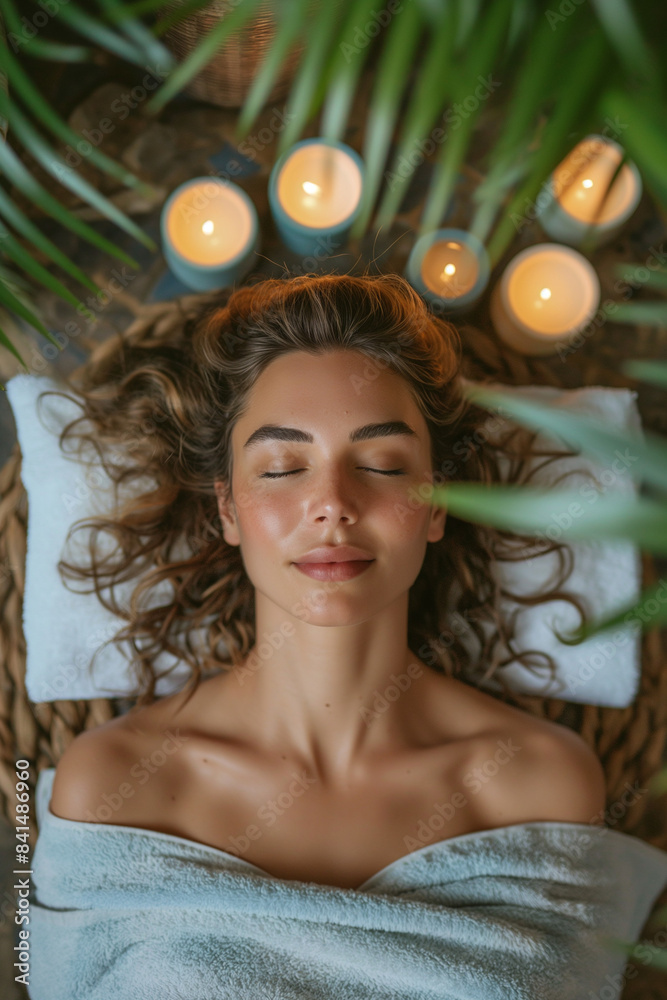 Spa Woman light-skinned around 25 with closed eyes in a candlelit setting, warm ambient light creating a serene atmosphere, ideal for commercial purposes, woman relaxing, massage Spa Woman light-skinned around 25 with closed eyes in a candlelit setting, warm ambient light creating a serene atmosphere, ideal for commercial purposes, woman relaxing, massage