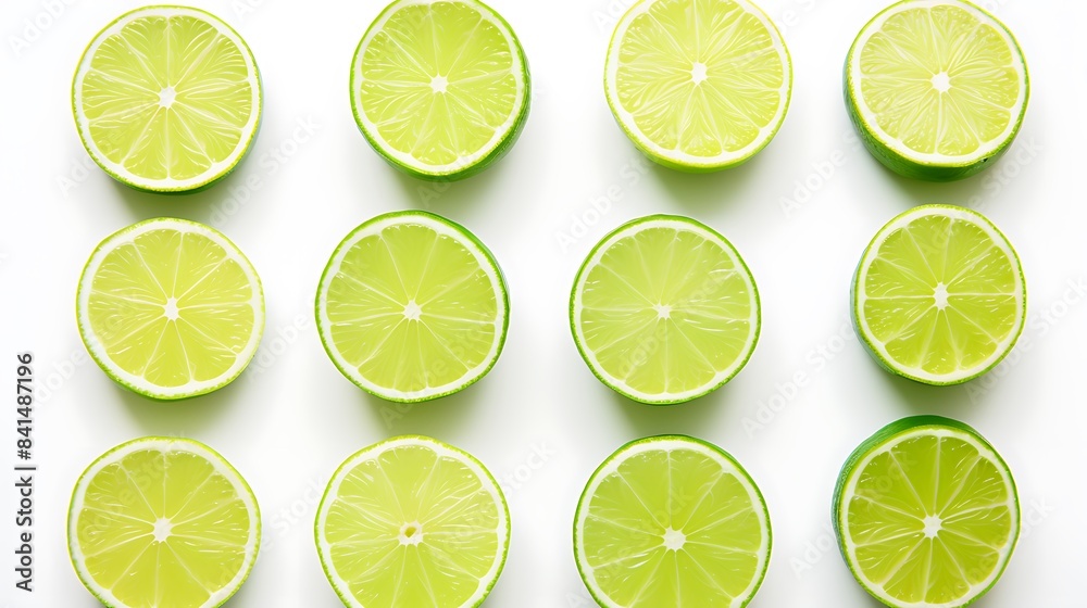 The image shows a collection of green limes both whole and sliced against a white background 