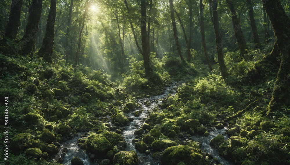 Fototapeta premium Sunbeam breaks through the dense canopy of a lush forest, illuminating a stream winding its way through a bed of moss-covered rocks