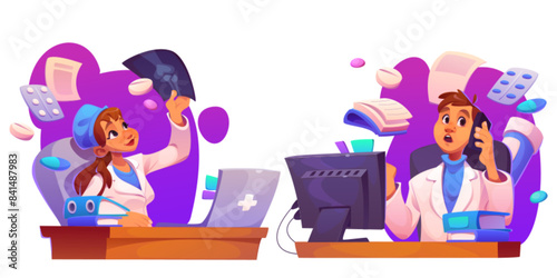 Computer on desk and woman doctor in hospital office. Medical healthcare clinic online visit and appointment call with professional man specialist. Physician care and research on laptop for diagnosis