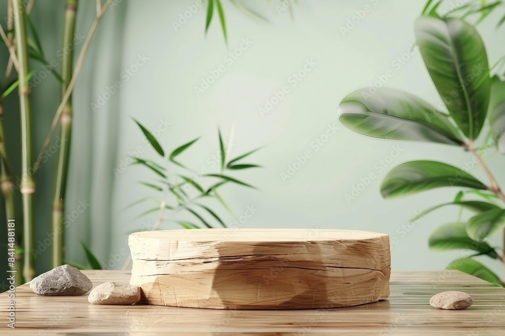 Wooden product display podium with bamboo nature leaves on green background. 3D rendering. generative ai.