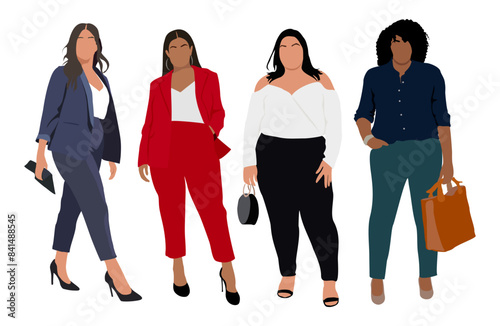 Set of different curvy women in stylish modern office clothes. Diverse plus size female beauties wearing smart casual business fashion outfits. Vector realistic illustration on transparent background