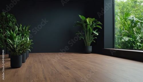 Minimalist simple Photo dark wall empty room with green plants on a floor3d rendering background