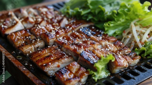 Sizzling Korean BBQ Feast: Samgyeopsal, Grilled Pork Belly, Garlic, Green Onions, Ssamjang, Lettuce Wraps 