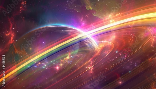 Abstract colorful cosmic background with a rainbow ring around a planet. Perfect for fantasy, science fiction, or space themes.