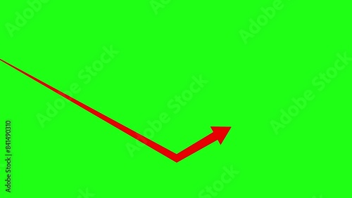 Animation of an arrow moving from left to right straightly, hitting down and then bouncing back up on a green screen