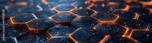 Futuristic digital background featuring an intricate web of interconnected hexagons with glowing edges, forming a sophisticated geometric pattern on a dark surface