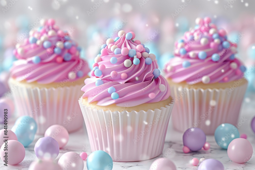 Whimsical pastel cupcakes with colorful sprinkles in a dreamy, soft focus setting, perfect for a sweet celebration Whimsical pastel cupcakes with colorful sprinkles in a dreamy, soft focus setting, perfect for a sweet celebration