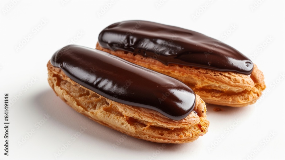Two chocolate covered pastries on a white background Two chocolate covered pastries on a white background