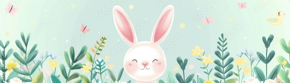 Cute bunny character flat design top view theme garden cartoon drawing colored pastel Cute bunny character flat design top view theme garden cartoon drawing colored pastel