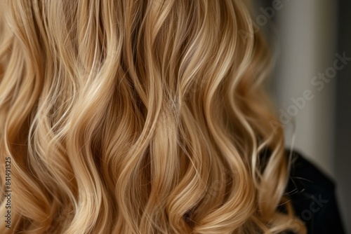 Detailed image capturing the texture and shine of styled blonde curly hair