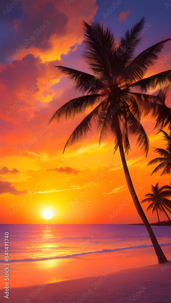 a vibrant sunset over a tropical island, with palm trees casting long shadows on the golden sand a vibrant sunset over a tropical island, with palm trees casting long shadows on the golden sand
