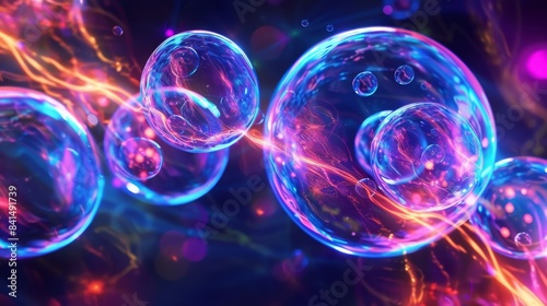 Abstract digital art of glowing orbs with vibrant streaks of light on a dark background. © Preyanuch