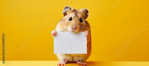Hamster holding empty white sign in front of yellow studio background