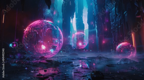 Abstract futuristic landscape with glowing orbs and neon lights.  A surreal and vibrant digital art scene.