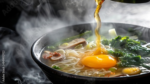 Pouring Hot Broth Over Fresh Ramen photo