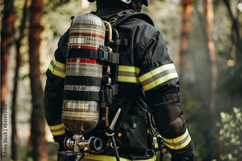 Close-up of firefighter in uniform with helmet and gear - bravery - emergency response - public safety Close-up of firefighter in uniform with helmet and gear - bravery - emergency response - public safety