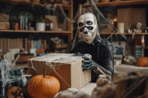 halloween costume.Man in Halloween costume. A skeleton in a black cloak against a background of cobwebs holds a skull in his hands. Halloween celebration concept. halloween party © ValNik Creations