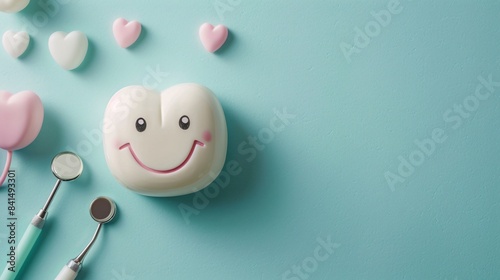 Happy tooth model and dentist tools on blue background with space for text