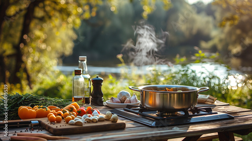 Cooking ingredients and pan on a wooden table in a park, with a pleasant breeze