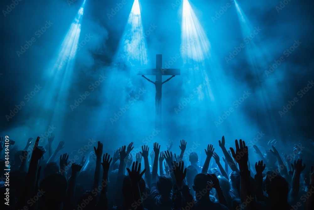 A large crowd of people are gathered in a church, with a cross A large crowd of people are gathered in a church, with a cross