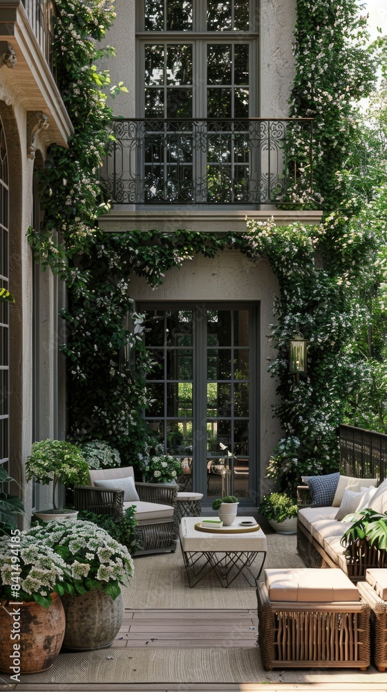 Obraz premium Elegant Outdoor Patio Area with Lush Greenery and Cozy Seating Furniture