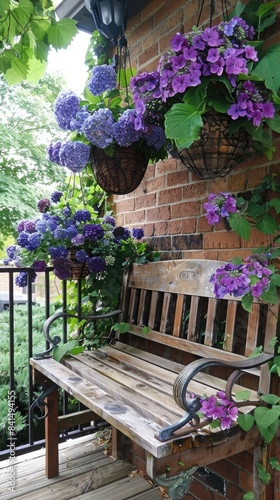 Charming Garden Bench with Vibrant Hanging Flowers on Brick Wall