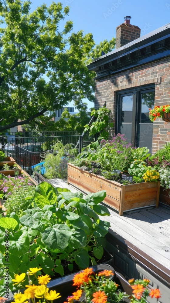 Urban Rooftop Garden with Lush Greenery and Vibrant Flowers on a Sunny Day Urban Rooftop Garden with Lush Greenery and Vibrant Flowers on a Sunny Day