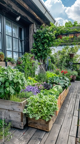 Urban Balcony Vegetable Garden with Raised Wooden Planters and Lush Plants photo