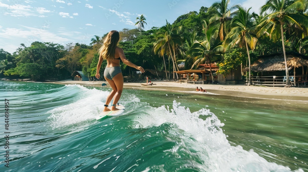 Φωτογραφία surfer woman surfing in a tropicl beach