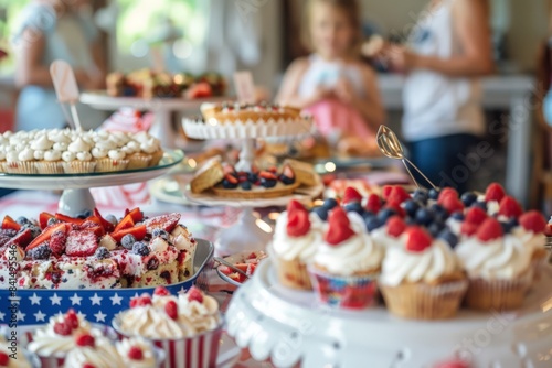Festive Fourth of July Table With Desserts and Young Friends Celebrating