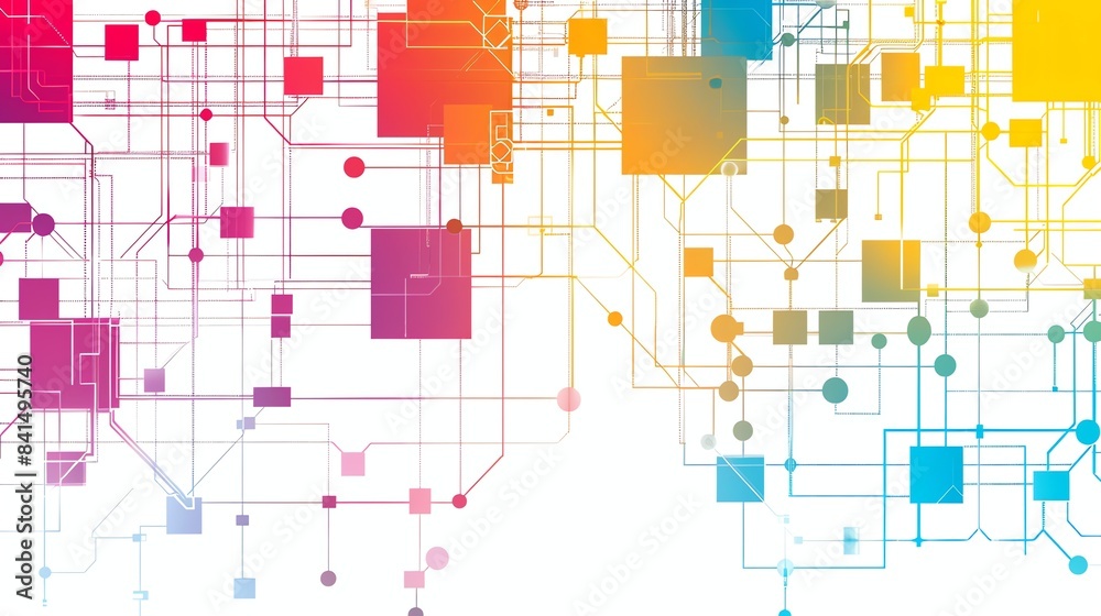 A network of interconnected squares, some filled with vibrant colors and intricate patterns. A network of interconnected squares, some filled with vibrant colors and intricate patterns.