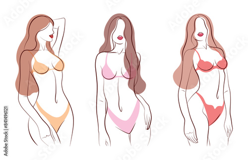 Set of beautiful girls in colorful swimsuits, in cartoon style.Vector illustration of seductive,sexy girls in underwear, bra and panties, lush hair, sensual lips isolated on white background.Line art.