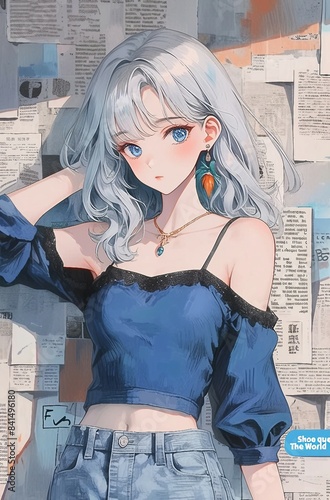 A cute girl with silver hair, wearing a blue top and jeans in the style of anime aesthetic fashion art