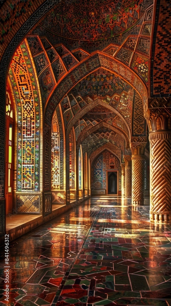 Fototapeta premium Colorful Interior of Traditional Middle Eastern Mosque with Intricate Tiled Patterns and Arches