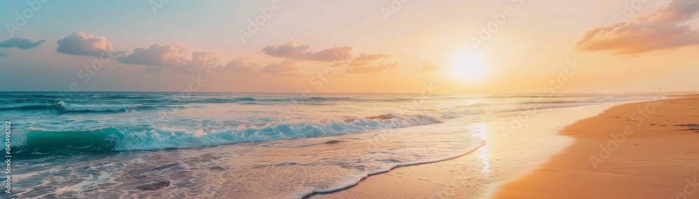 Fototapeta premium Serene sunset over a sandy beach with gentle waves.