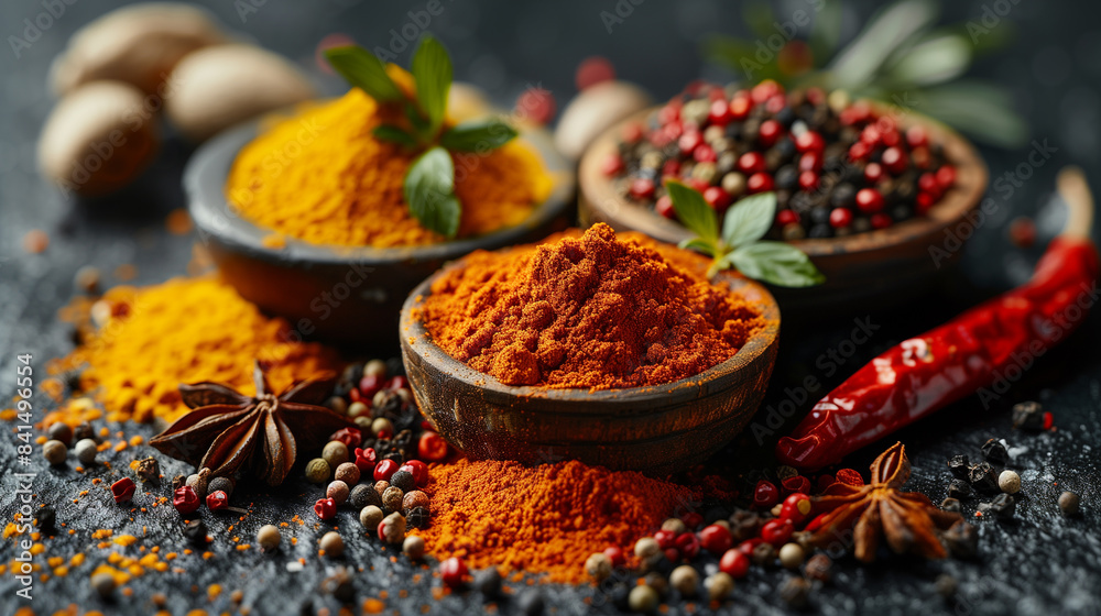 Still life of spices on dark granite background Still life of spices on dark granite background
