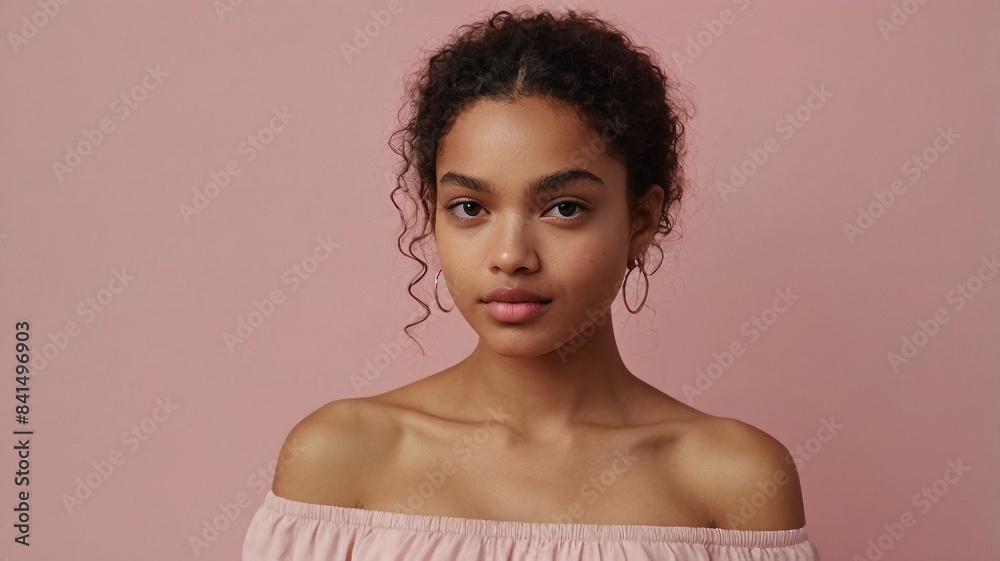 A woman in a pink off the shoulder top smiles for the camera A woman in a pink off the shoulder top smiles for the camera