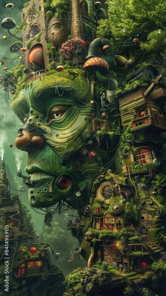 Obraz premium Fantastical Treehouse Architecture with Giant Face Sculpture in Enchanted Forest