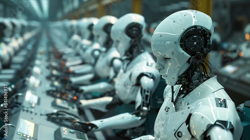 Army of Robots in a Factory. Artificial intelligence Concept