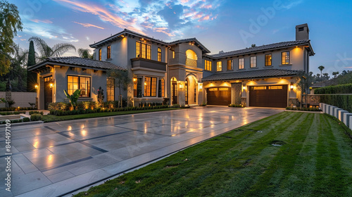 A luxurious two-story home with a spacious driveway, manicured lawn, and elegant lighting fixtures.
